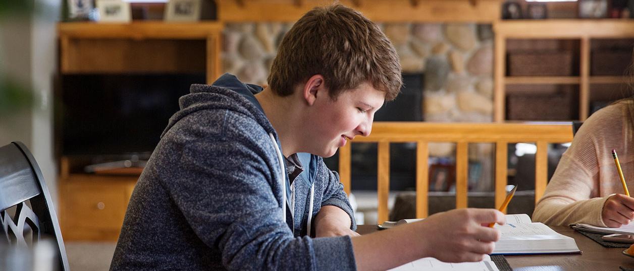 Un joven estudia en el salón de su casa