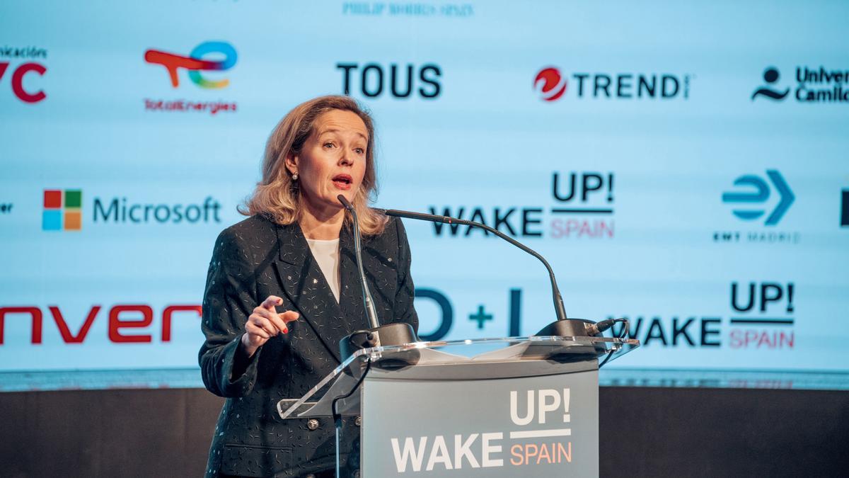 La vicepresidenta primera del Gobierno y ministra de Asuntos Económicos y Transformación Digital, Nadia Calviño, inaugura la tercera edición del foro 'Wake Up, Spain!'