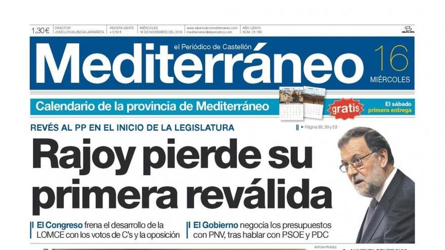 Rajoy pierde su primera reválida, hoy en la portada de El Periódico Mediterráneo