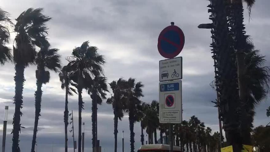 El viento sopla con fuerza este domingo desde primera hora en el litoral de Barcelona, como en la playa de la Barceloneta.