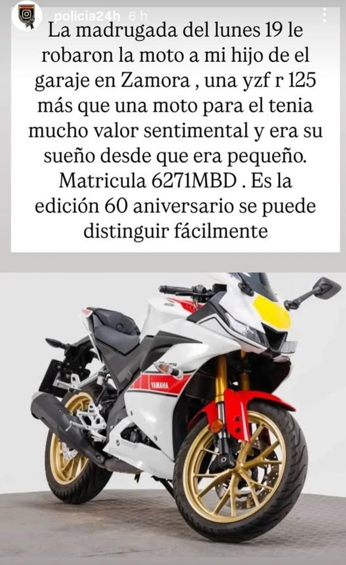 Difunden la imagen de la Yamaha YZF-R125 robada en Zamora: solicitan colaboración ciudadana para localizarla.
