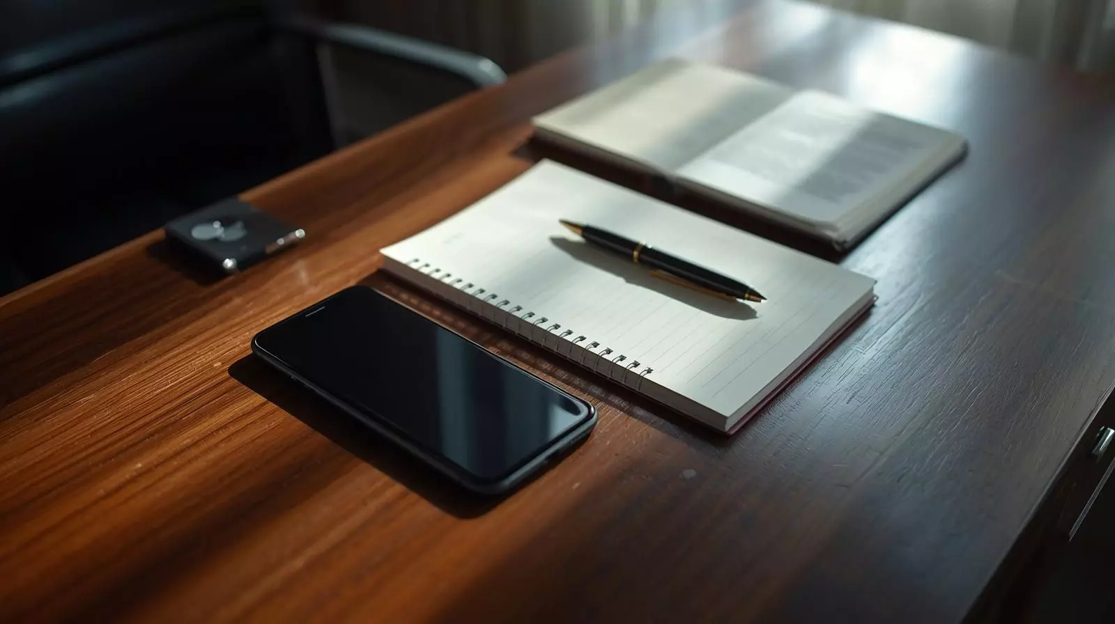  Escritorio discreto con móvil y libreta, simboliza la consulta profesional sobre amarres de amor. title=