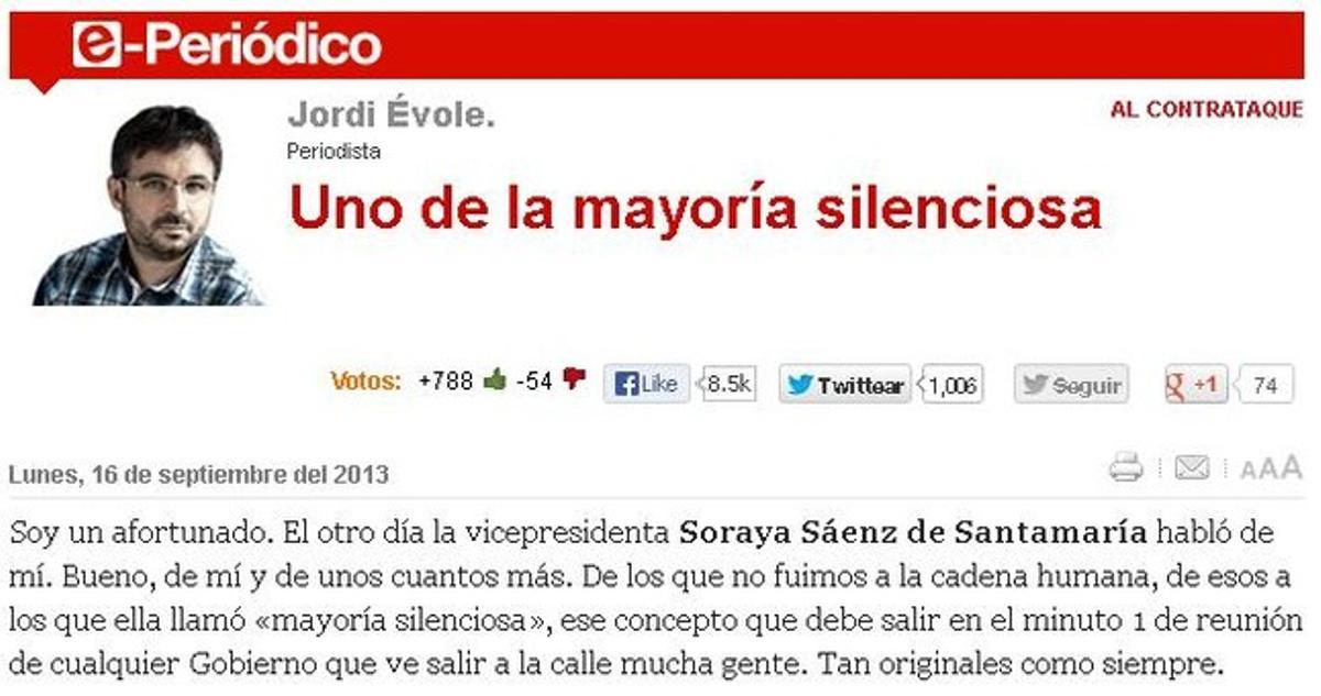 Article de Jordi Évole en què el periodista es desvincula de la majoria silenciosa amb què el Govern defineix els catalans que no van anar a la Via Catalana. Article de Jordi Évole en què el periodista es desvincula de la majoria silenciosa amb què el Govern defineix els catalans que no van anar a la Via Catalana.