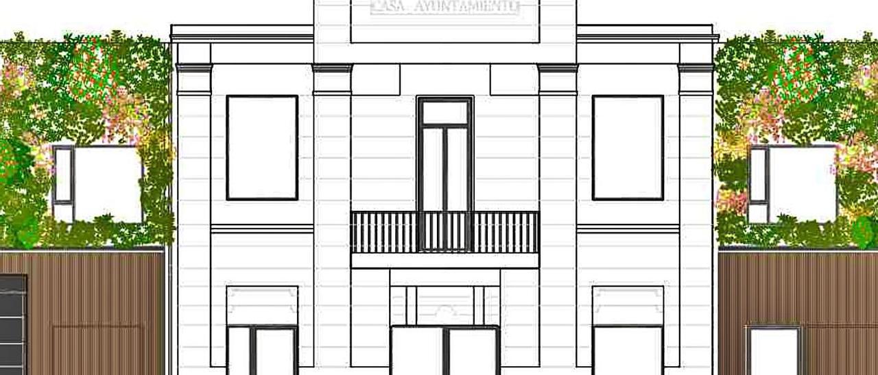 Recreación de cómo quedará rehabilitada la fachada del viejo concello, con cubierta vegetal. |   // FDV