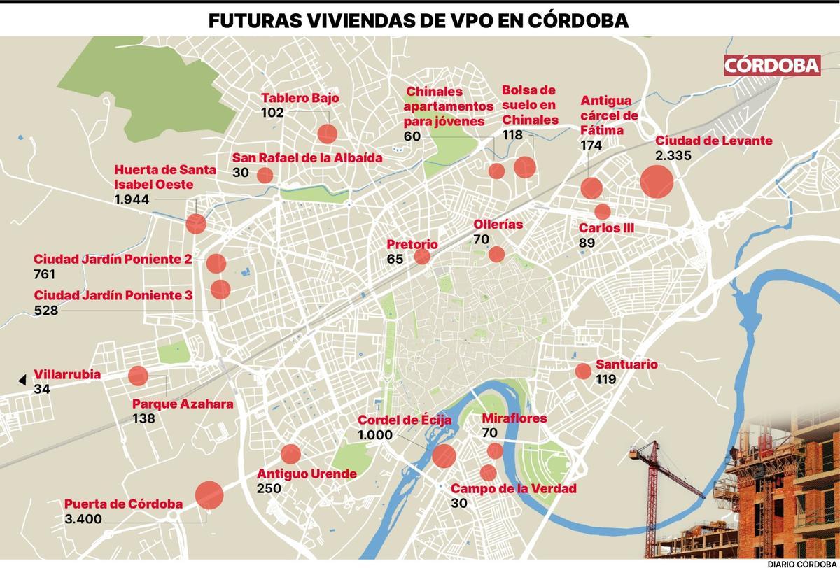 Mapa de las futuras viviendas de VPO que se prevé construir en la ciudad.