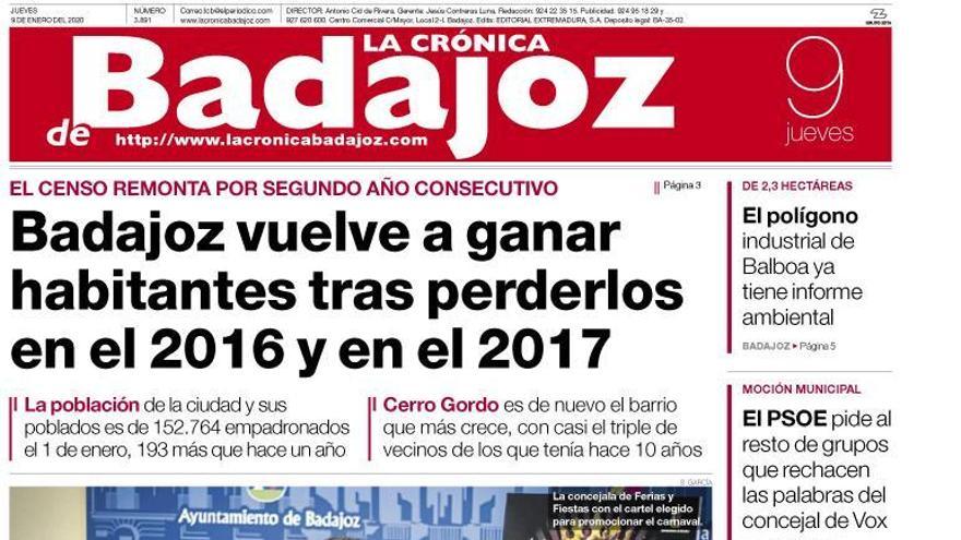 Esta es la portada de LA CRÓNICA DE BADAJOZ correspondiente al día 9 de enero del 2020