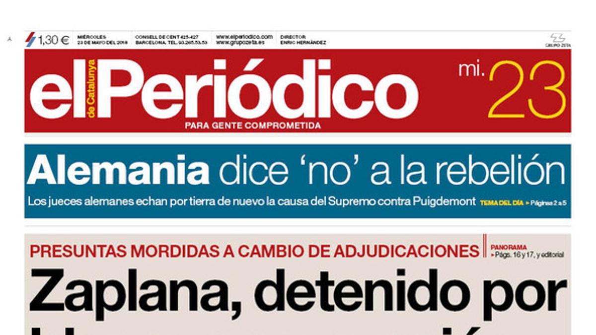La portada de EL PERIÓDICO del 23 de mayo.