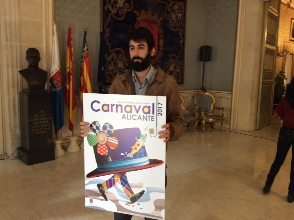 Cartel del Carnaval de AlicanteLas fiestas de Carnaval serán anunciadas por el cartel «De paseo», obra de Abel Rocha Ramírez. Ha sido elegido entre los demás que se han presentado y tiene un premio también de mil euros. Arriba, lo sostiene un miembro del jurado del concurso.
