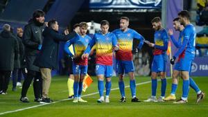 Jugadores del Andorra durante el partido ante Las Palmas