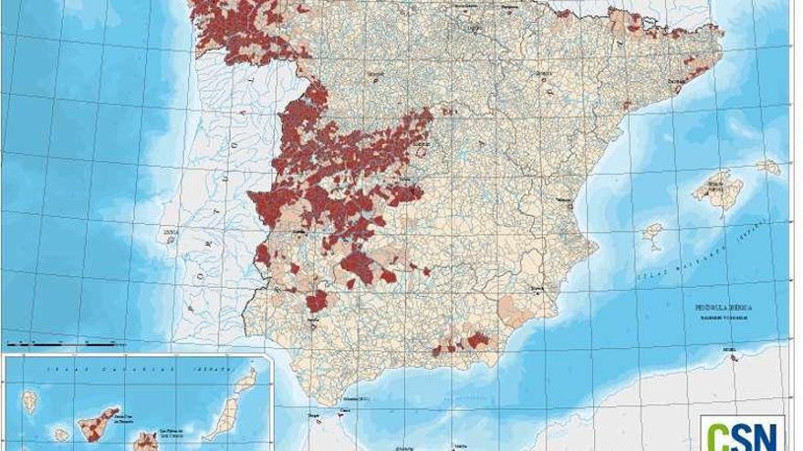 En oscuro, las zonas de mayor potencial de riesgo por radón.