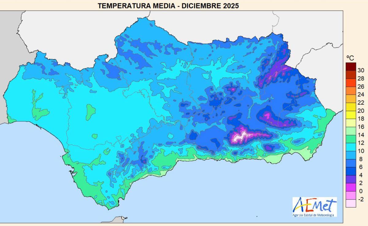Temperatura media en Andalucía en diciembre pasado
