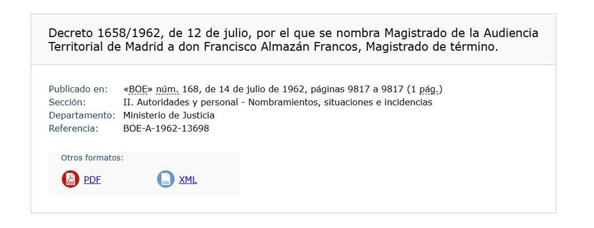 Publicación del BOE en el que se nombra magistrado de la Audiencia de Madrid a Francisco Almazán.