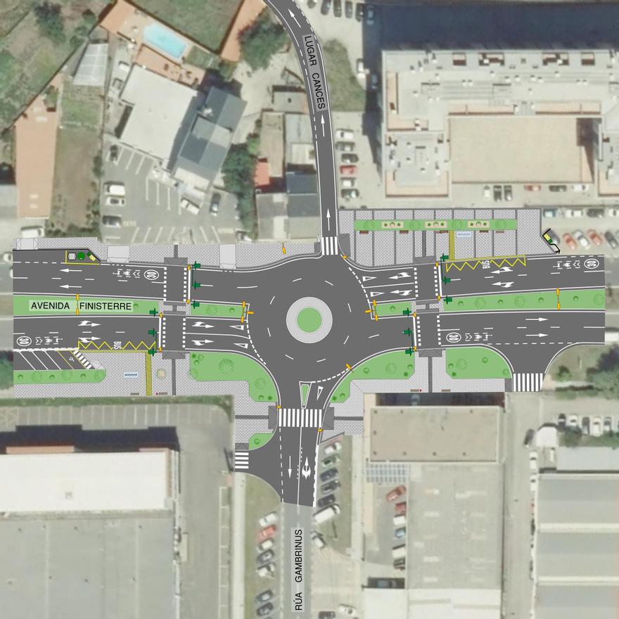 Proyecto de rotonda redactado por el Ayuntamiento para el cruce de la avenida de Fisterra con la calle Gambrinus.