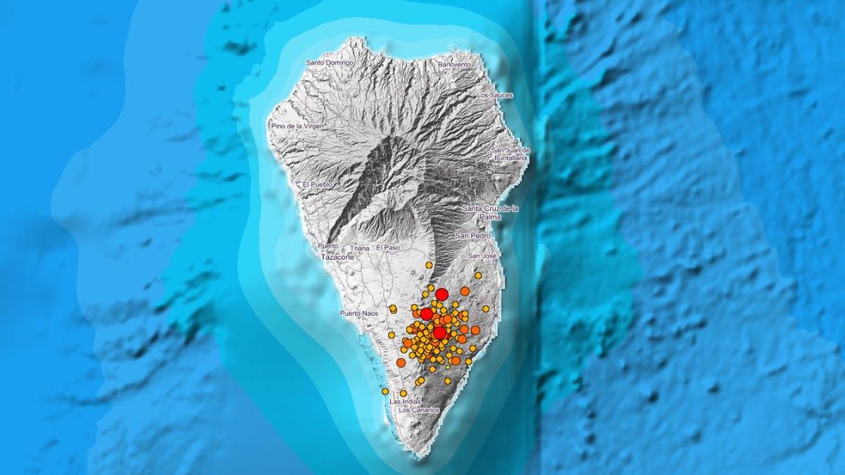 Localización de los terremotos registrados en La Palma durante los últimos tres días.