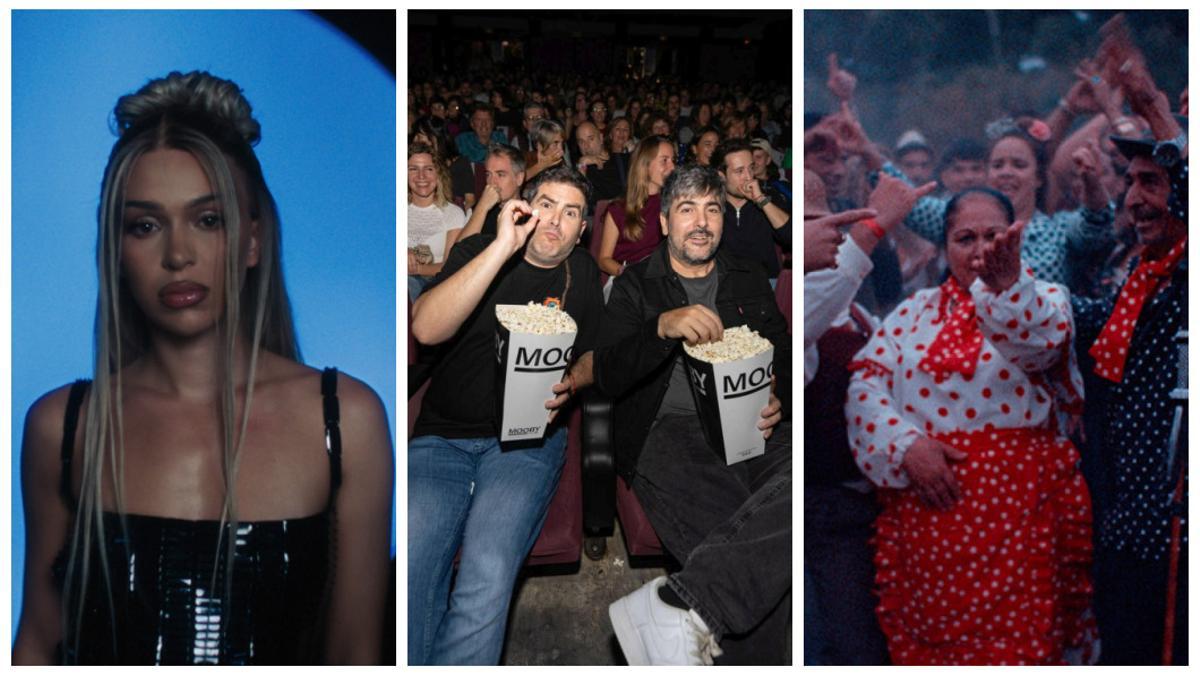 Bad Gyal, en una imagen promocional de 'La Joia', Estopa, en el estreo de su docu-concierto, y un fotograma de 'La guitarra flamenca de Yerai Cortés', dirigida por C. Tangana