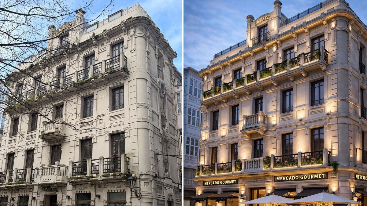 El edificio Labase actualmente, junto al resideño con IA propuesto por Coruñe_Arte