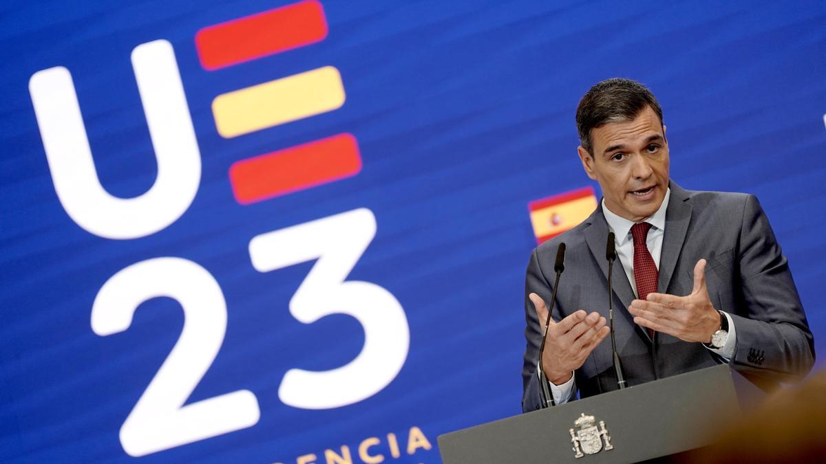 Pedro Sánchez, presidente del Gobierno, durante la presentación de la Presidencia Española en el Consejo de la Unión Europea.