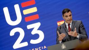 Pedro Sánchez, presidente del Gobierno, durante la presentación de la Presidencia Española en el Consejo de la Unión Europea.