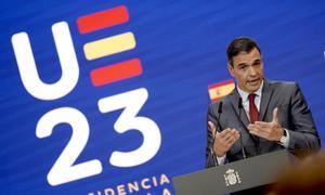 Pedro Sánchez, presidente del Gobierno, durante la presentación de la Presidencia Española en el Consejo de la Unión Europea.