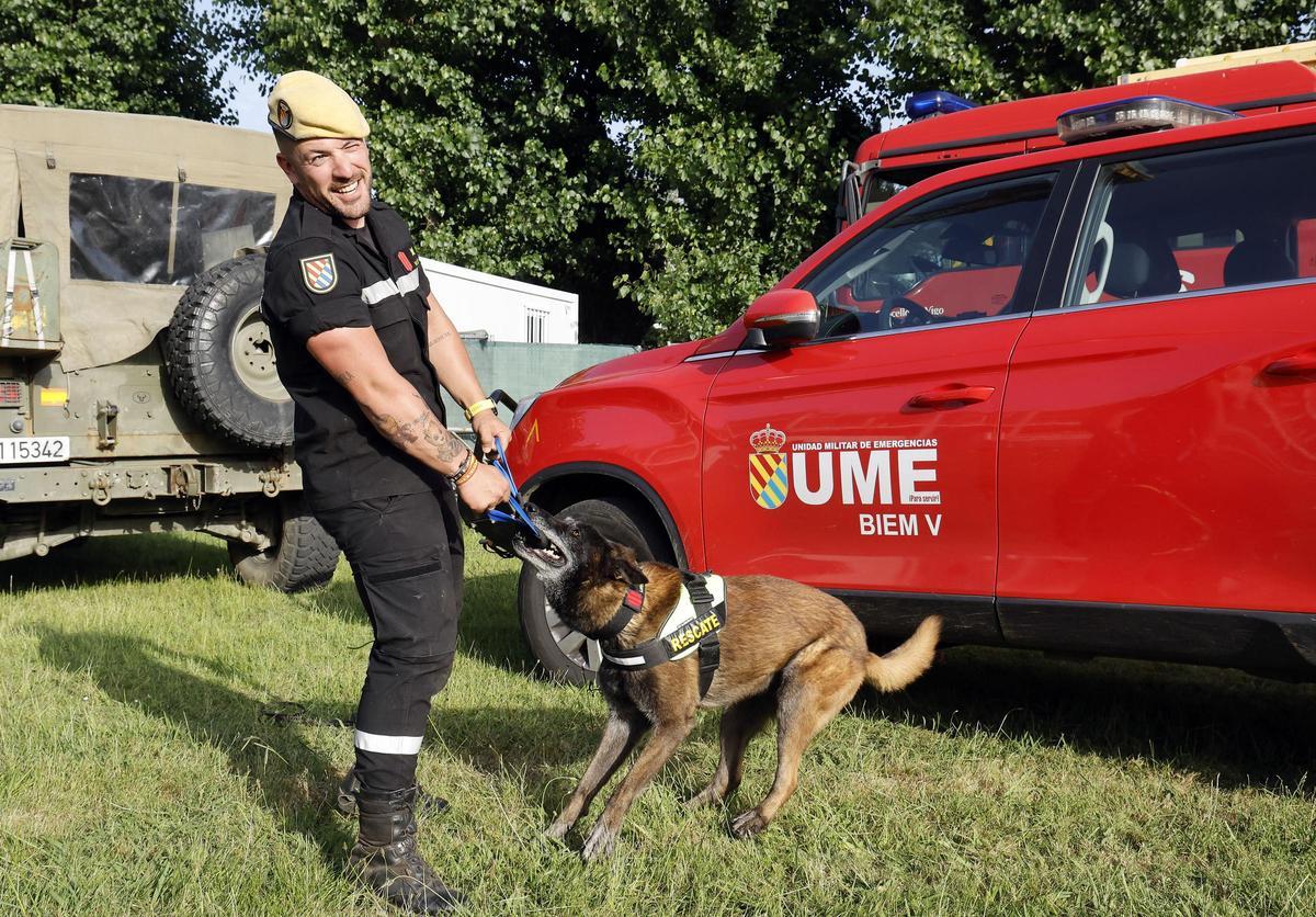 Perro de la raza pastor belga malinois llamado Uruk-hai, perteneciente a la UME, y especialista en encontrar personas, con su guía Valiño.