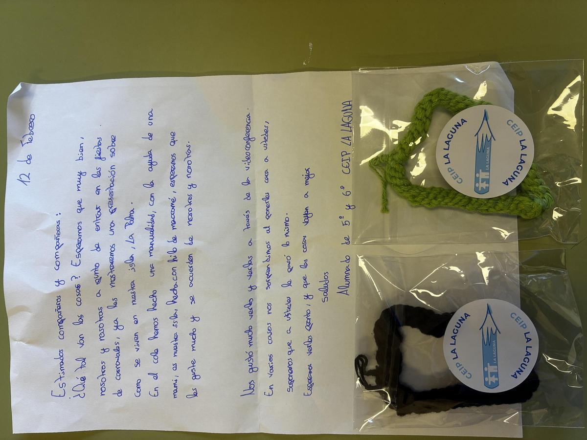 Carta de l'alumnat del CEIP La Laguna de l'Illa de La Palma al del CEIP Cervantes d'Algemesí.