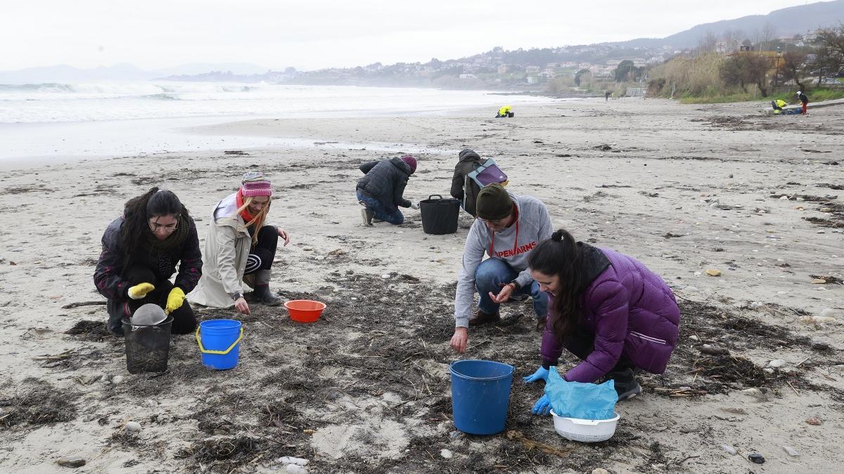 Voluntarios recogen pellets en la playa de Patos