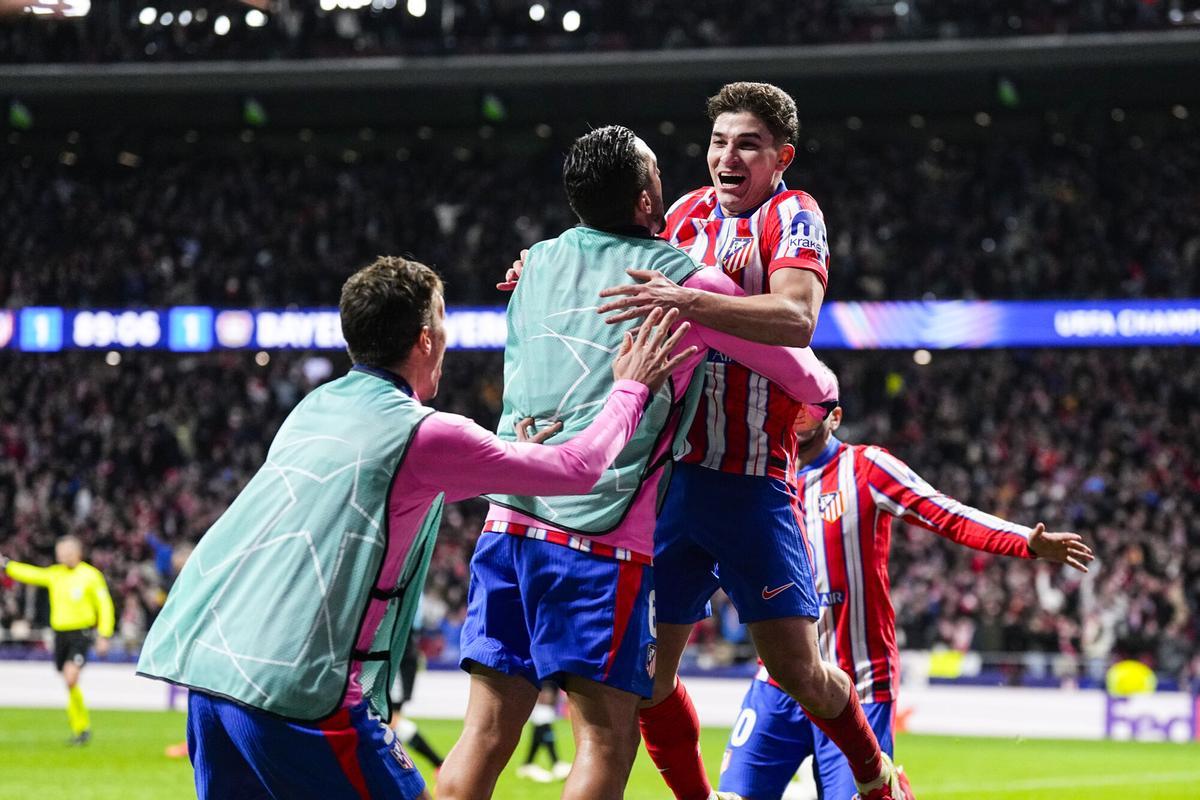 Julian Alvarez of Atletico de Madrid celebrates a goal during the UEFA Champions League 2024/25 League Phase MD7 match between Atletico de Madrid and Bayer 04 Leverkusen at Riyadh Air Metropolitano stadium on January 21, 2025, in Madrid, Spain. AFP7 21/01/2025 ONLY FOR USE IN SPAIN. Oscar J. Barroso / AFP7 / Europa Press;2025;SPAIN;SPORT;ZSPORT;SOCCER;ZSOCCER;Atletico de Madrid v Bayer 04 Leverkusen - UEFA Champions League 2024/25 League Phase MD7;