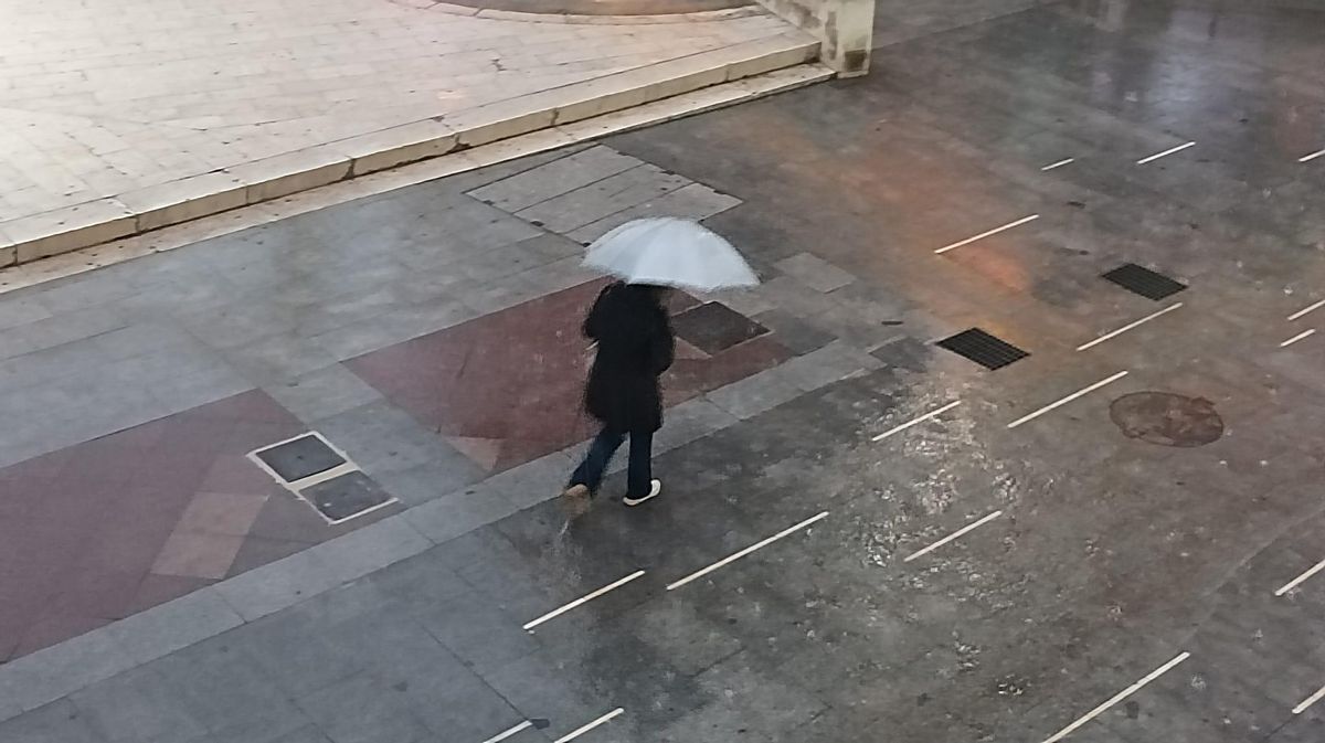 Un paraguas bajo la lluvia, en el centro de Elche