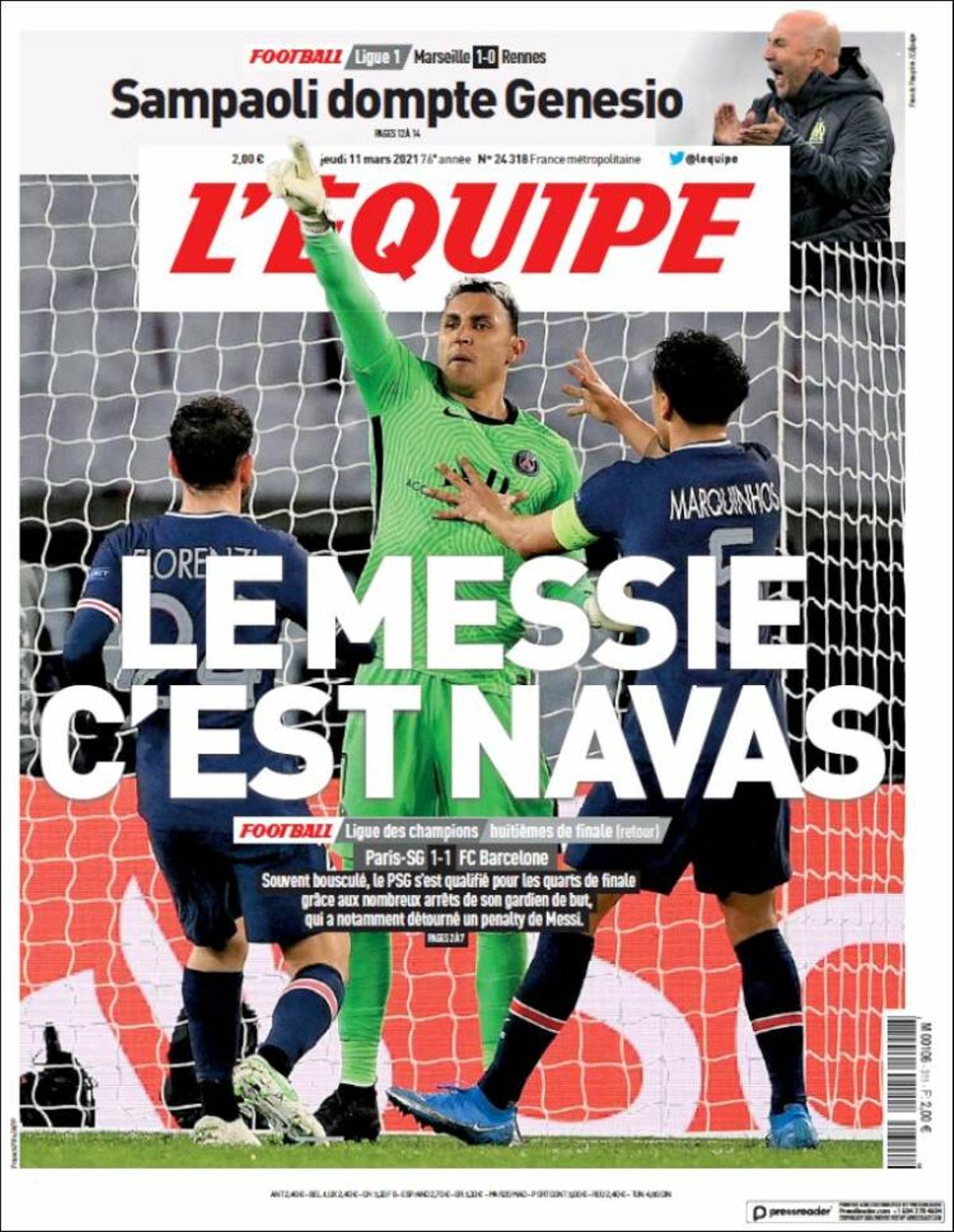 La portada de hoy del periódico francés L'Équipe.