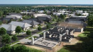Representación conceptual de la urbanización construida por impresión 3D en Texas.