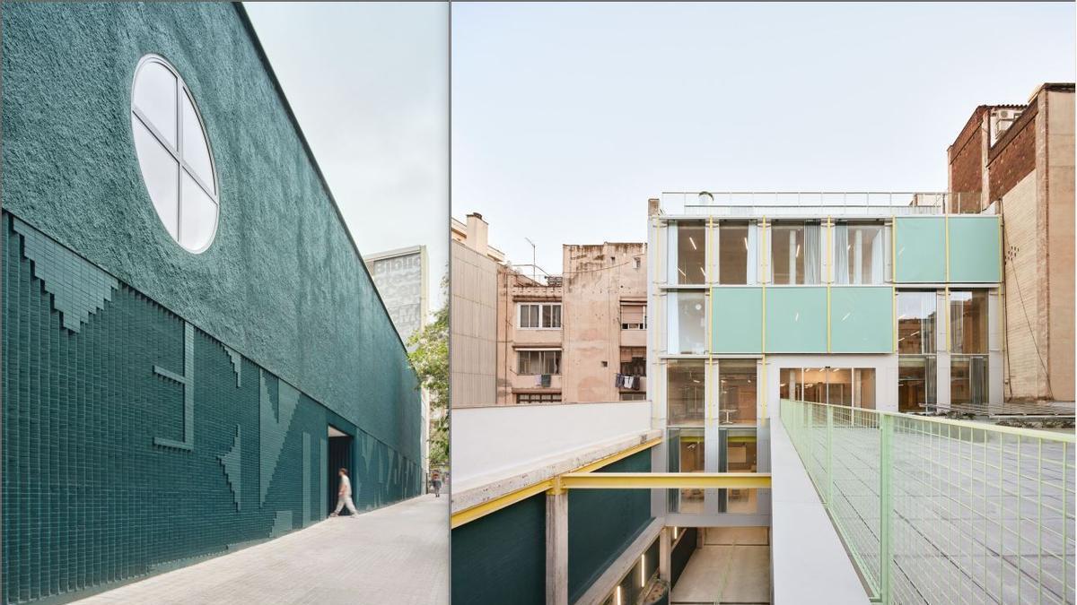 Fachada del proyecto Recirculant l’Eixample y un pasaje y una terraza que une los equipamientos