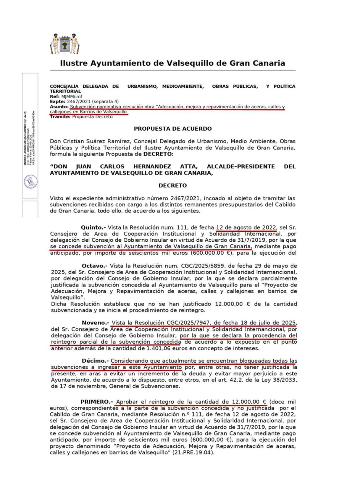 Decreto del Ayuntamiento de Valsequillo.