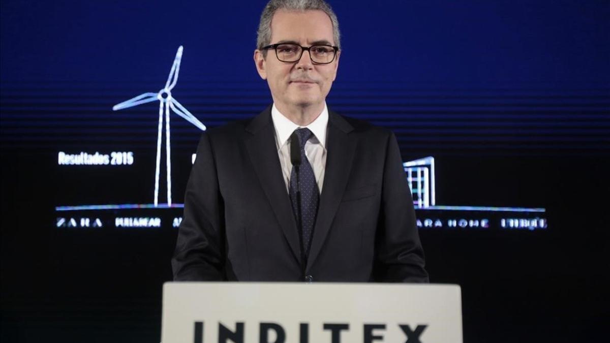 El presidente de Inditex, Pablo Isla, durante la presentación de los resultados del 2015 en Arteixo.