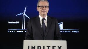 El presidente de Inditex, Pablo Isla, durante la presentación de los resultados del 2015 en Arteixo.