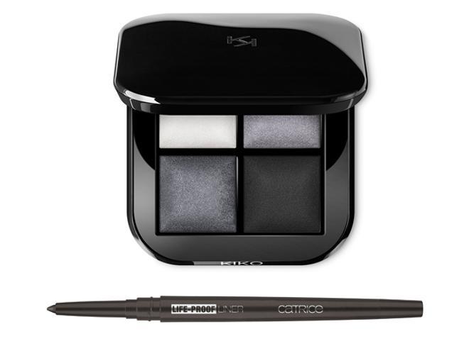 Paleta con sombras de ojos para seco y mojado Bright quartet baked, Kiko Milano (12,95 euros) / Eyeliner kohl waterproof y long-lasting Life -proof liner, Catrice (3,79 euros)