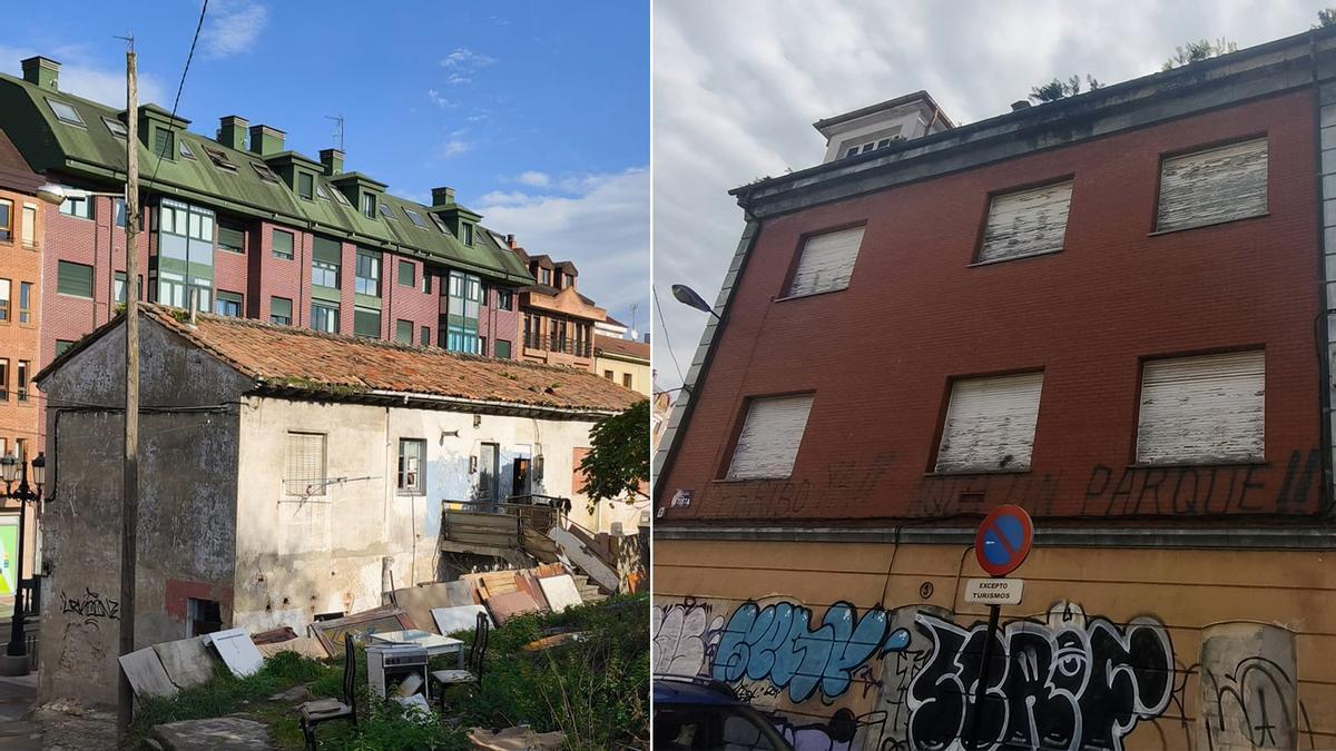 A la izquierda, basura y enseres junto a una casa en ruina de la Tenderina Baja. A la derecha, un edificio abandonado en la calle Vetustas, en cuyas inmediaciones los vecinos denuncian que se trapichea con droga