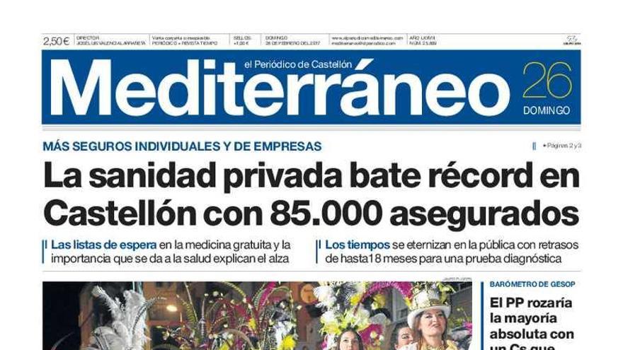 Mediterráneo lleva hoy a su portada como tema principal que la sanidad privada en Castellón bate récords con 85.000 asegurados.