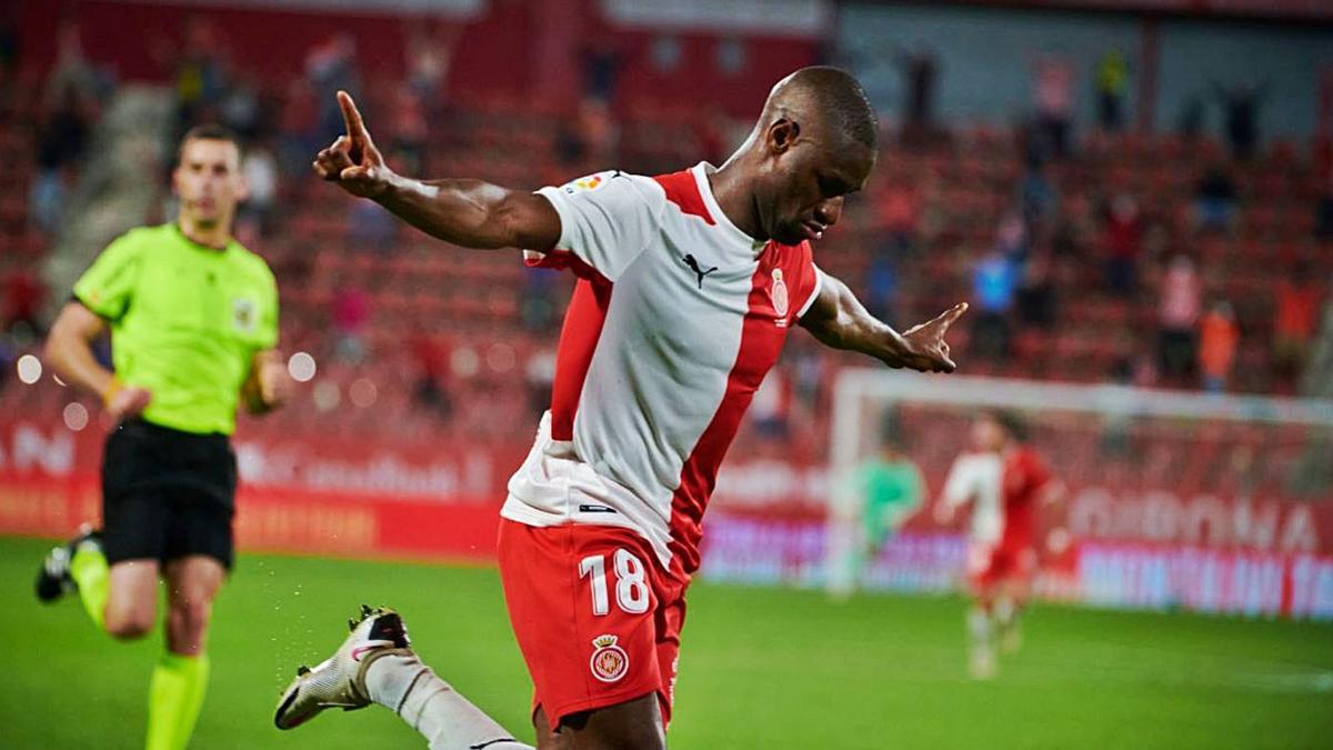 Mamadou Sylla celebra el seu gol contra l’Almeria el passat dimecres a Montilivi