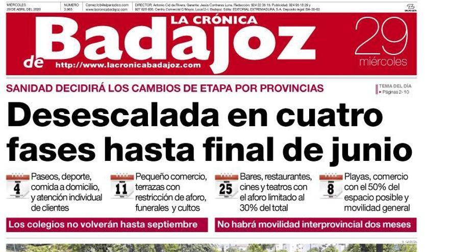 Esta es la portada de LA CRÓNICA DE BADAJOZ correspondiente al día 29 de abril del 2020