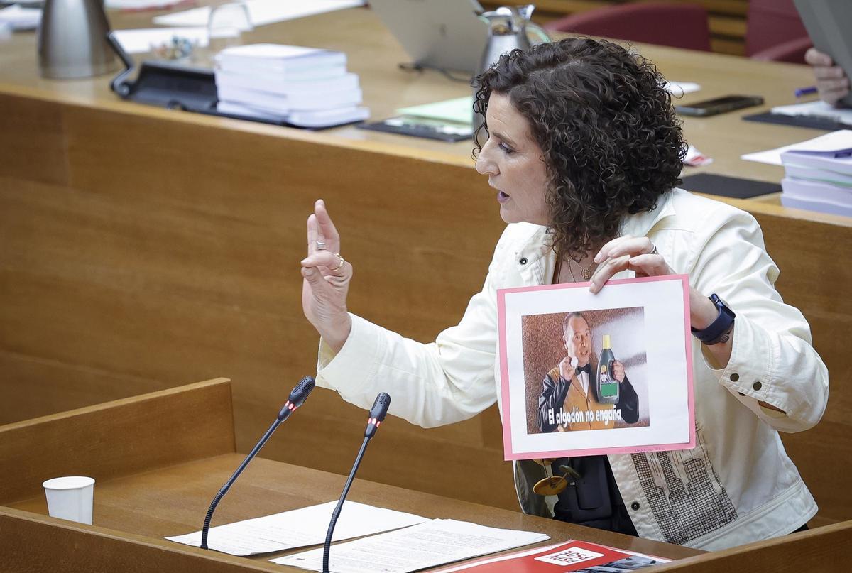 La diputada del PSPV, Mercedes Caballero, interviene en el pleno de las Corts, este jueves.