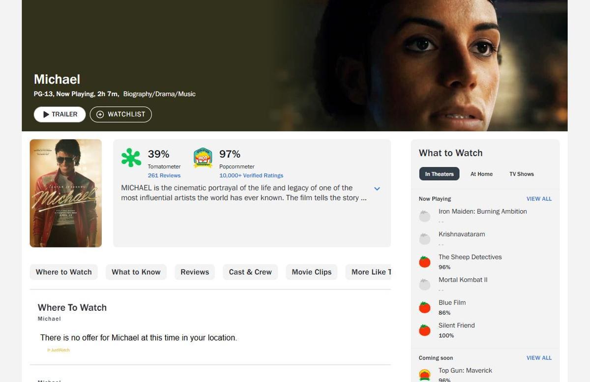 La página dedicada a 'Michael' del agregador de críticas 'Rotten Tomatoes'