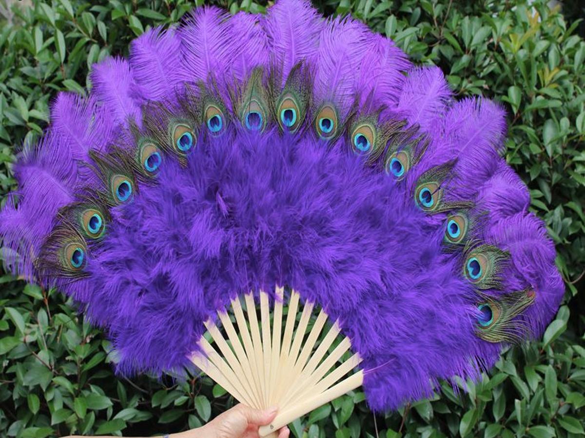 Abanico de plumas moradas y pavo real