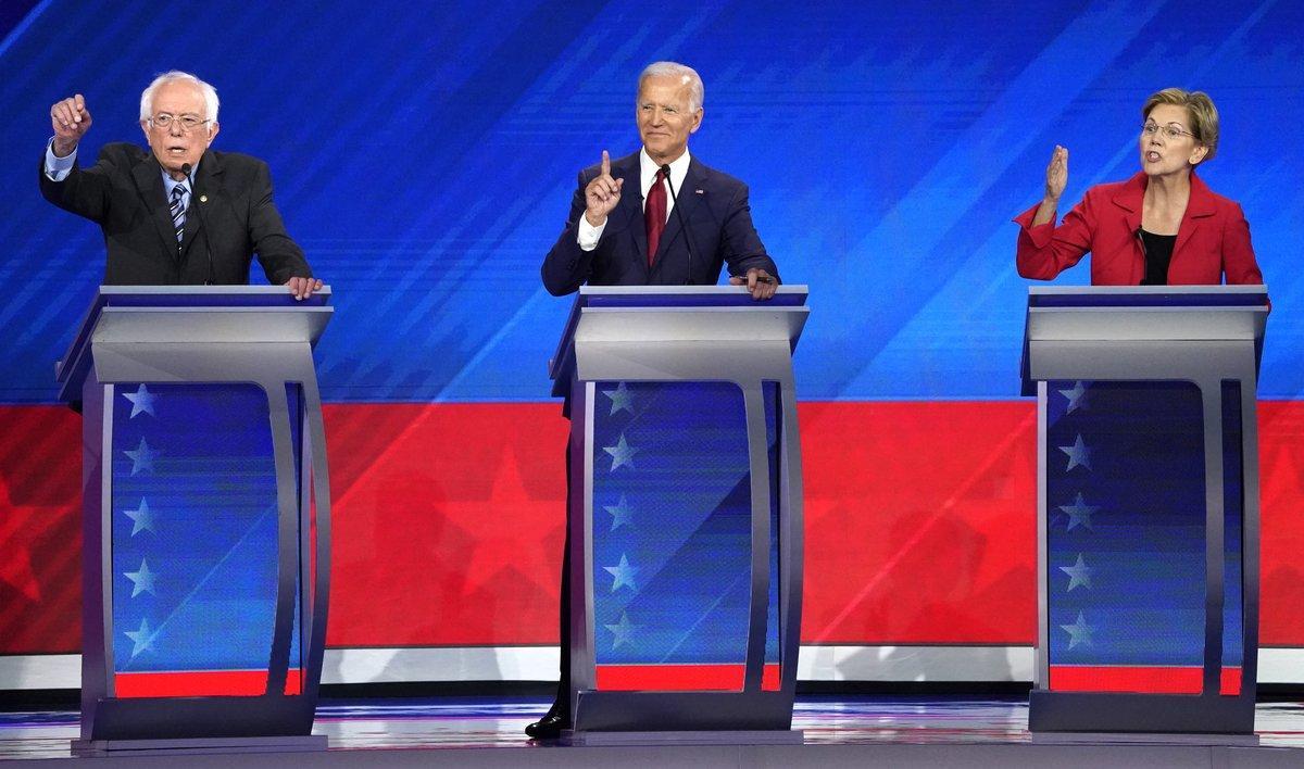 Senator Bernie Sanders, former Vice President Joe Biden and Senator Elizabeth Warren (L-R) participate in the 2020 Democratic U.S. presidential debate in Houston, Texas, U.S. September 12, 2019. REUTERS/Mike Blake