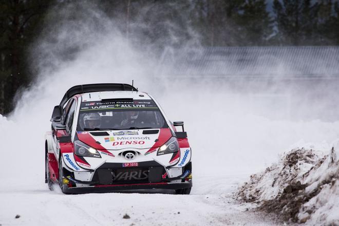 Ott Tanak of Estonia drives his Toyota Yaris WRC during day 4 of the Rally Sweden 2019, Torsby, Sweden,