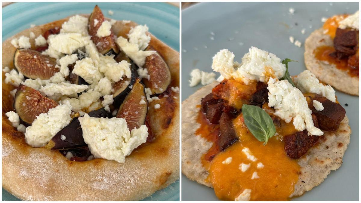 Coca de higos y queso y bollo de sobrasada, panceta y queso de Ca Desficasi.