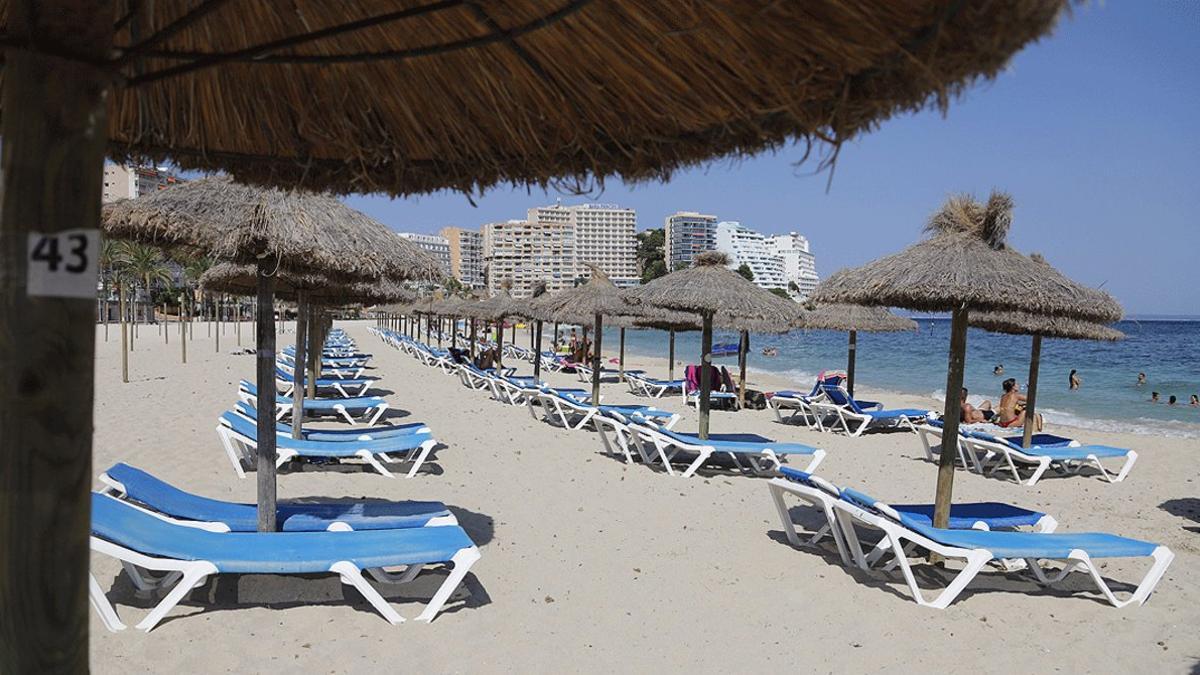 Multitud de hamacas vacías en la playa de Magaluf (Mallorca), uno de los principales destinos del turismo británico en años anteriores, el pasado 30 de julio