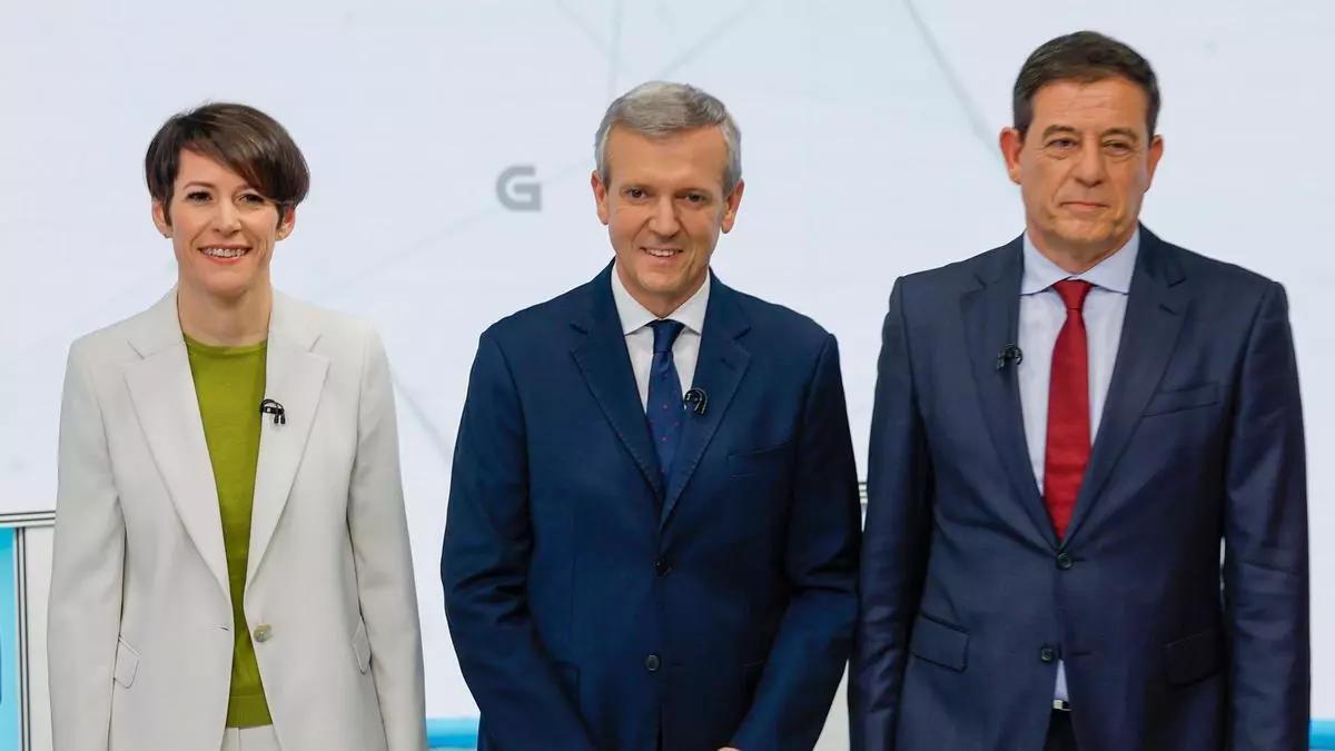 Los candidatos a la Xunta, Ana Pontón (BNG), Alfonso Rueda (PPdeG) y Gómez Besteiro (PSdeG-PSOE), en el debate electoral de la CRTVG