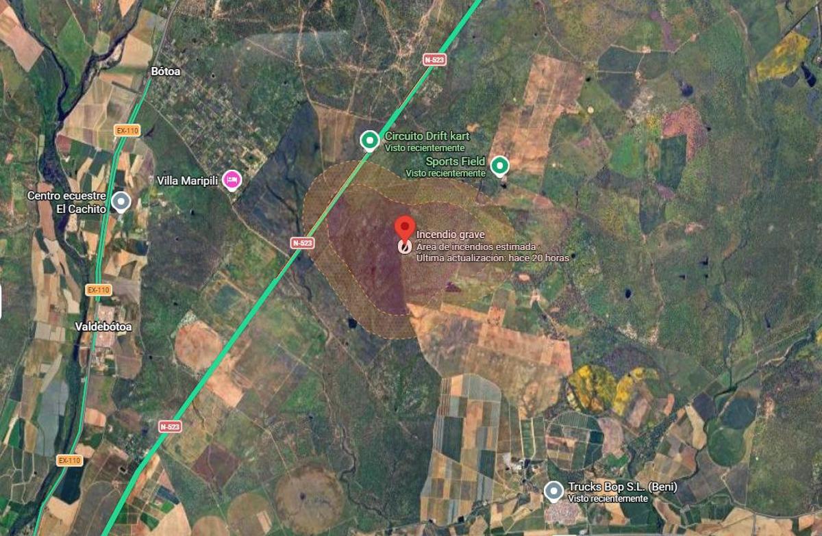 Información que aparece en Google Maps sobre el incendio en el término de Novelda del Guadiana (Badajoz).