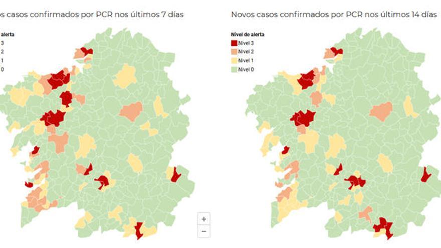 Mapas de incidencia del Covid-19 en Galicia, por concellos, según el nivel de alerta sanitaria.