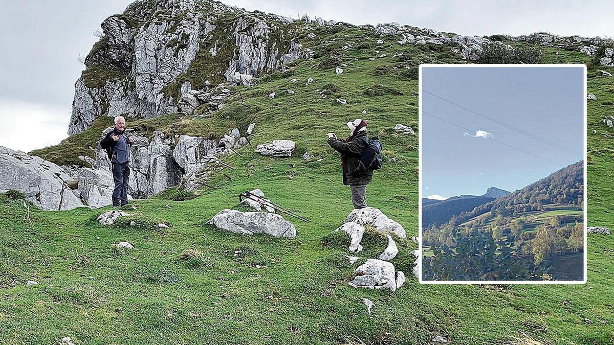 Pedro Escobio fotografía a Mario Llamazares, al pie de la arista del Cantu l’Oso; en el recuadro, el Cantu visto desde la carretera al puerto de Tarna.